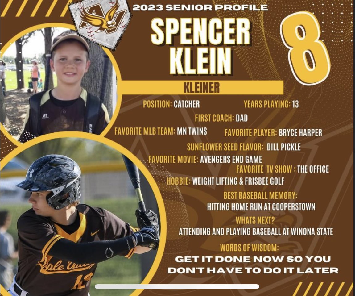 Senior Player Spotlight!
We will be spotlighting our Seniors throughout the season giving us fans a chance to learn a little bit more about the young men we will be cheering on this season.

Up first, our backstop <a href="/SpencerKlein14/">Spencer Klein</a> 

Go Eagles!