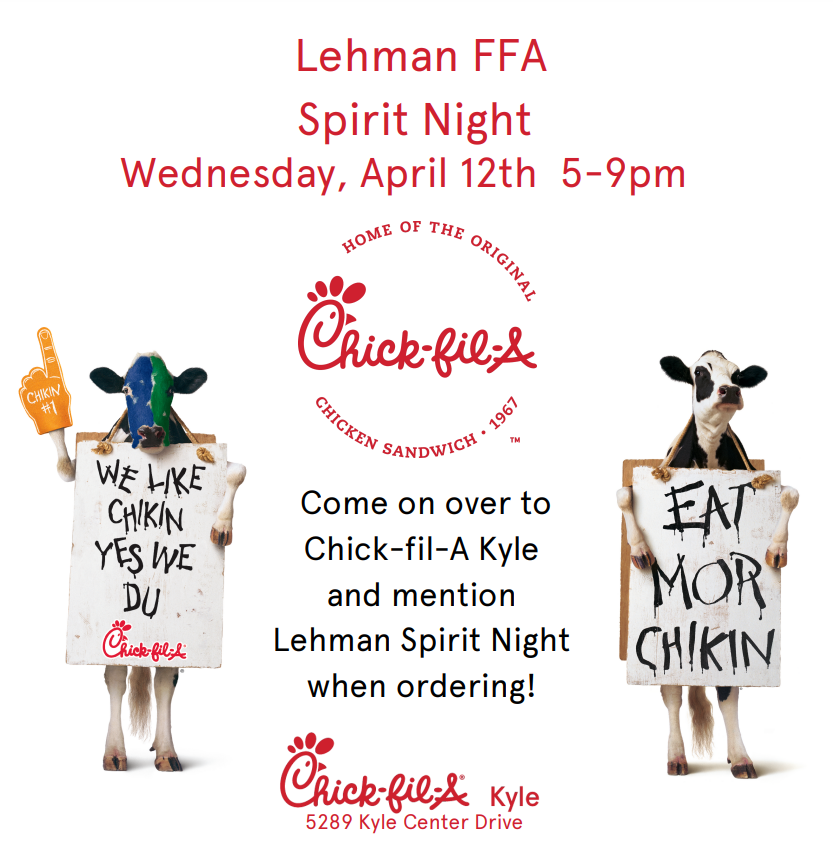 Lehmanffa's tweet photo. I wanted to give yall at least one more excuse to get those chicken minis, waffle fries or whatever else suits your fancy! Our FFA chapter has over 125 members this year! This will provide opportunities for our students to participate in career, leadership and community events! https://t.co/Wb05SmlfRO