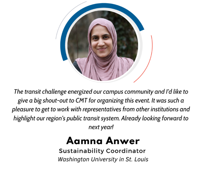 CMT_STL's tweet photo. CMT is excited to highlight a #TRANSITRIDER from Washington University in St. Louis, Amana Anwer. . If you've yet to try Transit yourself, sign up for CMT's Try and Ride Program by clicking the link below.
https://t.co/eYSm3tDzQC https://t.co/oC6fz8lZJn