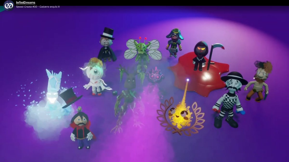 Yesterday we were live for 3 hours.
11 Dreamers from the  <a href="/infiniDreamsFr/">InfiniDreams</a> community. In 1h30 we modeled 11 characters. Each one  with their own personality, colors, animations, effects and more.
It would not be possible in any other game-engine
#MadeInDreams #DreamsPS4 (1/10)