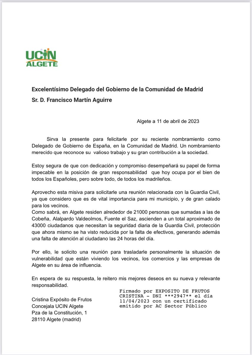 UAlgete's tweet photo. Solicitamos una reunión con el Sr Delegado de Gobierno para explicarle la situación en la que se encuentra el cuartel de la @guardiacivil de #algete, si tiene a bien atendernos https://t.co/6aQp364Yqb