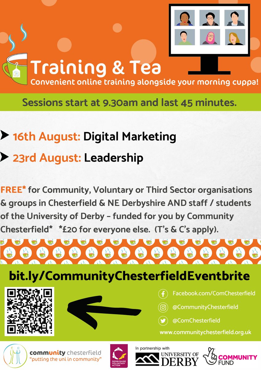 ComChesterfield's tweet photo. We’re thrilled to be welcoming Sarah Brocksom &amp; Chrissie Rowell from @DerbyUni to deliver two  Training &amp; Tea sessions for us in August 👏🧡

Book your FREE* place now- https://t.co/rk80X5V9kN

#Training #trainingandtea #free #freebie #cuppa https://t.co/zHVjRB22ir