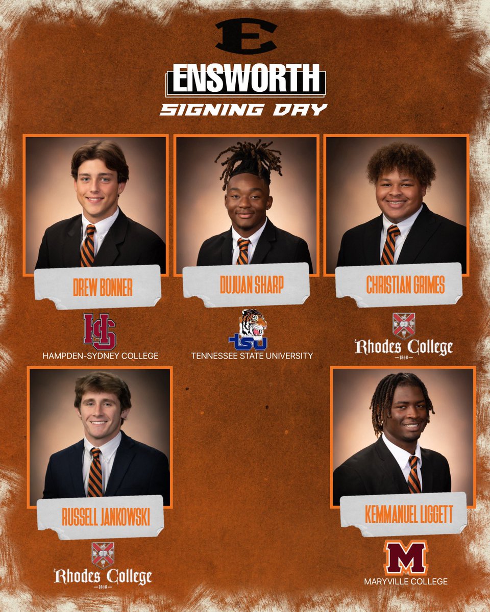 Congratulations to our five Football student-athletes signing today at 3:35pm in the Theater.  <a href="/EnsworthTigers/">Ensworth Athletics</a> <a href="/Ensworth/">Ensworth School</a>