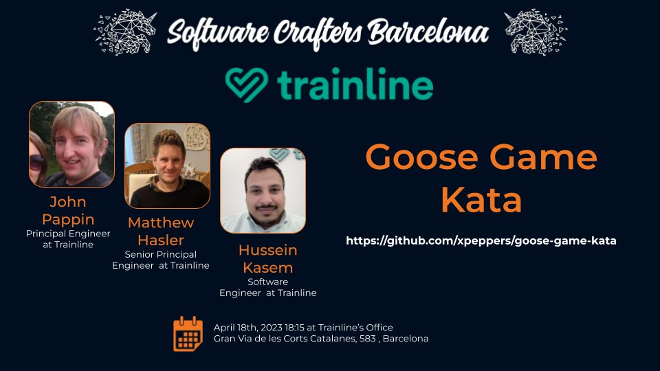 bcnswcraft's tweet photo. El próximo martes 18 de abril tenemos la próxima kata en las oficinas de Trainline de Barcelona. Esta vez será el Goose Game 🪿. Muy agradecidas a los facilitadores: @john_pappin, Matthew Hasler, @helbaroudy 🤩 RSVP en https://t.co/iKR6klqbo0, 🍕 y 🍻 incluidas, ¡nos vemos allí! https://t.co/S9Irb3Bg2w