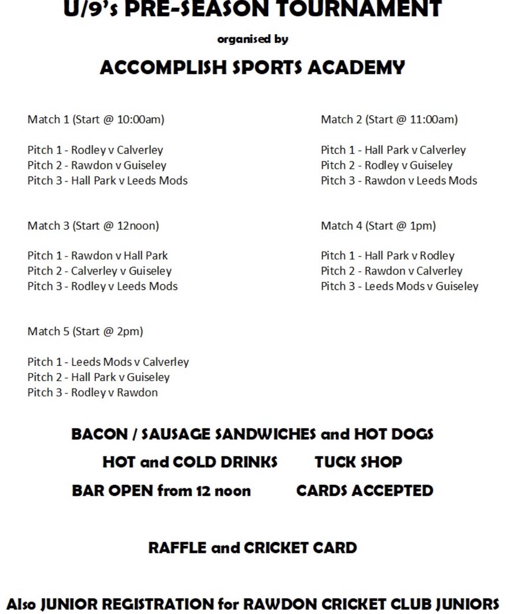 AccomplishSport's tweet photo. Information from @rawdoncc regarding the kitchen open for 🌭 🥓 🍬 ☕️ and bar open from 12 for 🍺 🍷
See you this Sunday 😃🏏
#pleasenorain #cricket #tournament #summerishere
@CalverleyCC @HallParkCC @leedsmodscc @RodleyCricket @GuiseleyClub https://t.co/e8eKV5wx8V