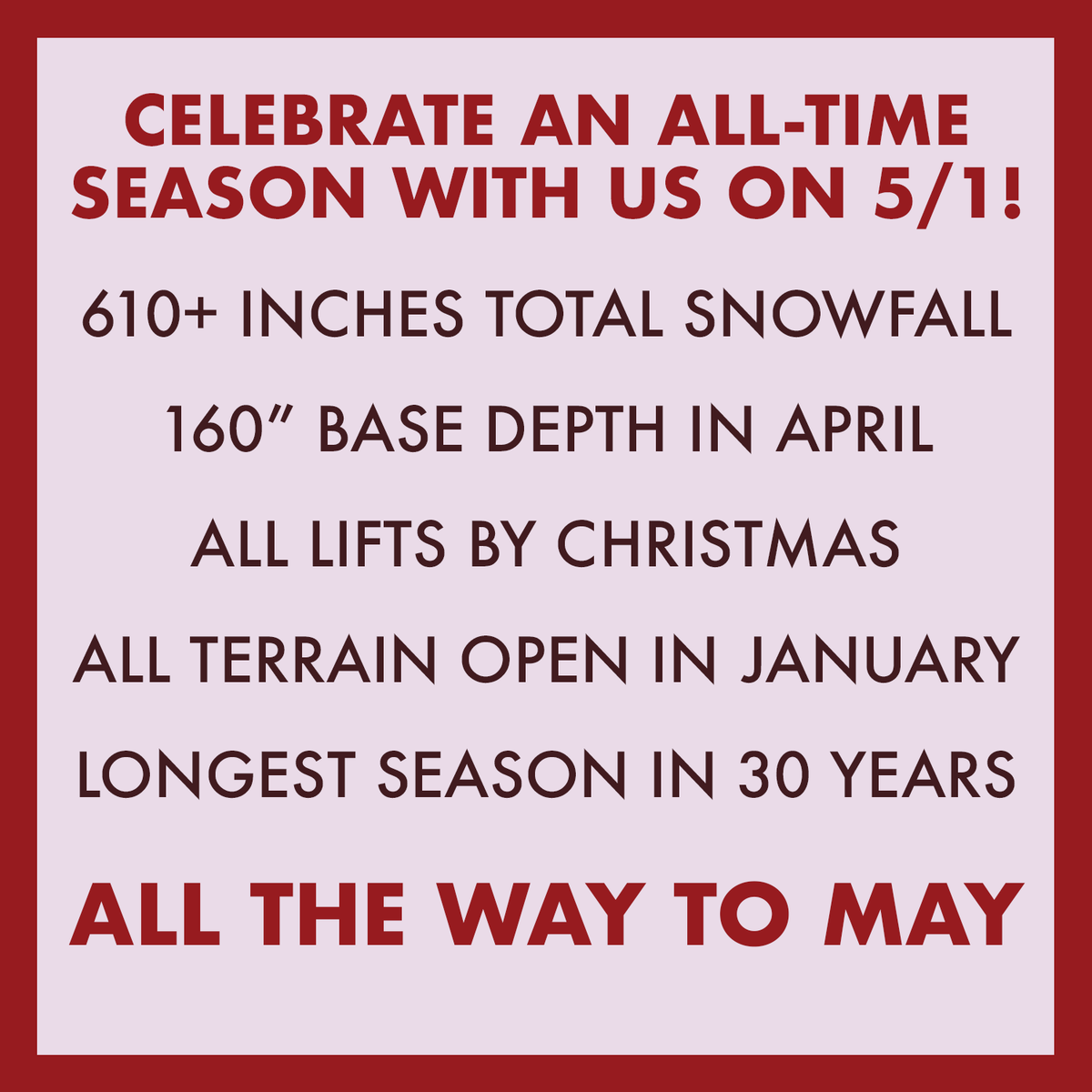 PCski's tweet photo. ALL THE WAY TO MAY! Our new closing date will be Monday, May 1! After snowstorms delivering more than 610" this season, we're finally enjoying spring skiing. So we're going to keep the party going! Join us for an extra eight days and a celebration on May 1. #ThisIsYourMountain https://t.co/Apa6DxDe6K