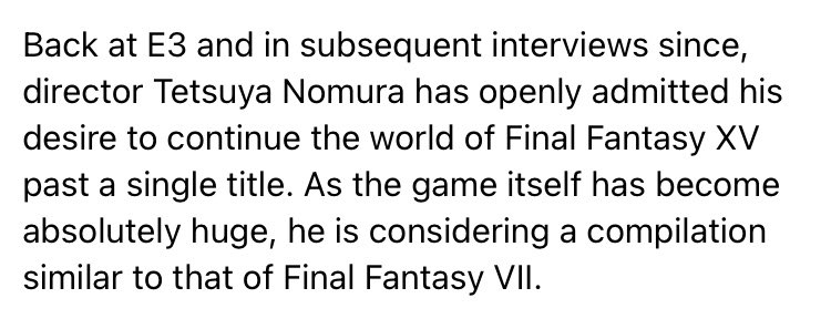 NoavSnow's tweet photo. This will absolutely always haunt me that we were supposed to get 3 games for  Final Fantasy XV with Tetsuya Nomura leading it,so much pain I feel reading this instead we get a condensed game with a completely different story and characters,I’ll legit never get over this https://t.co/0W3CC05lXs