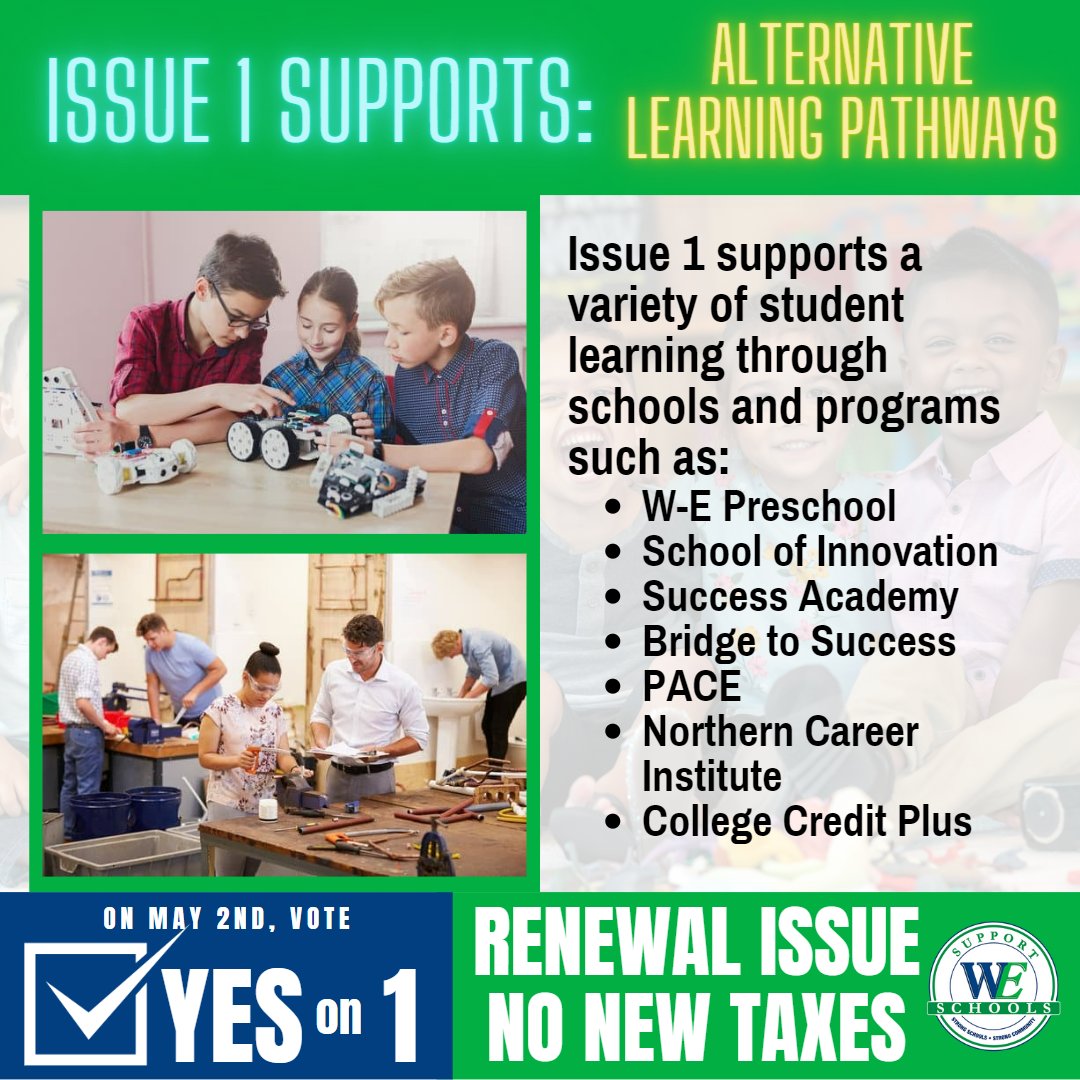 Support_WES's tweet photo. @WESchools support all our students - from the advanced, to those who struggle, the college bound, to those who want to be workforce ready upon graduation. 
Voting #YesOn1 will MAINTAIN learning pathways.
For more on a few of these programs, visit: https://t.co/yWFvoQkvK6 https://t.co/eGL9fajKiM
