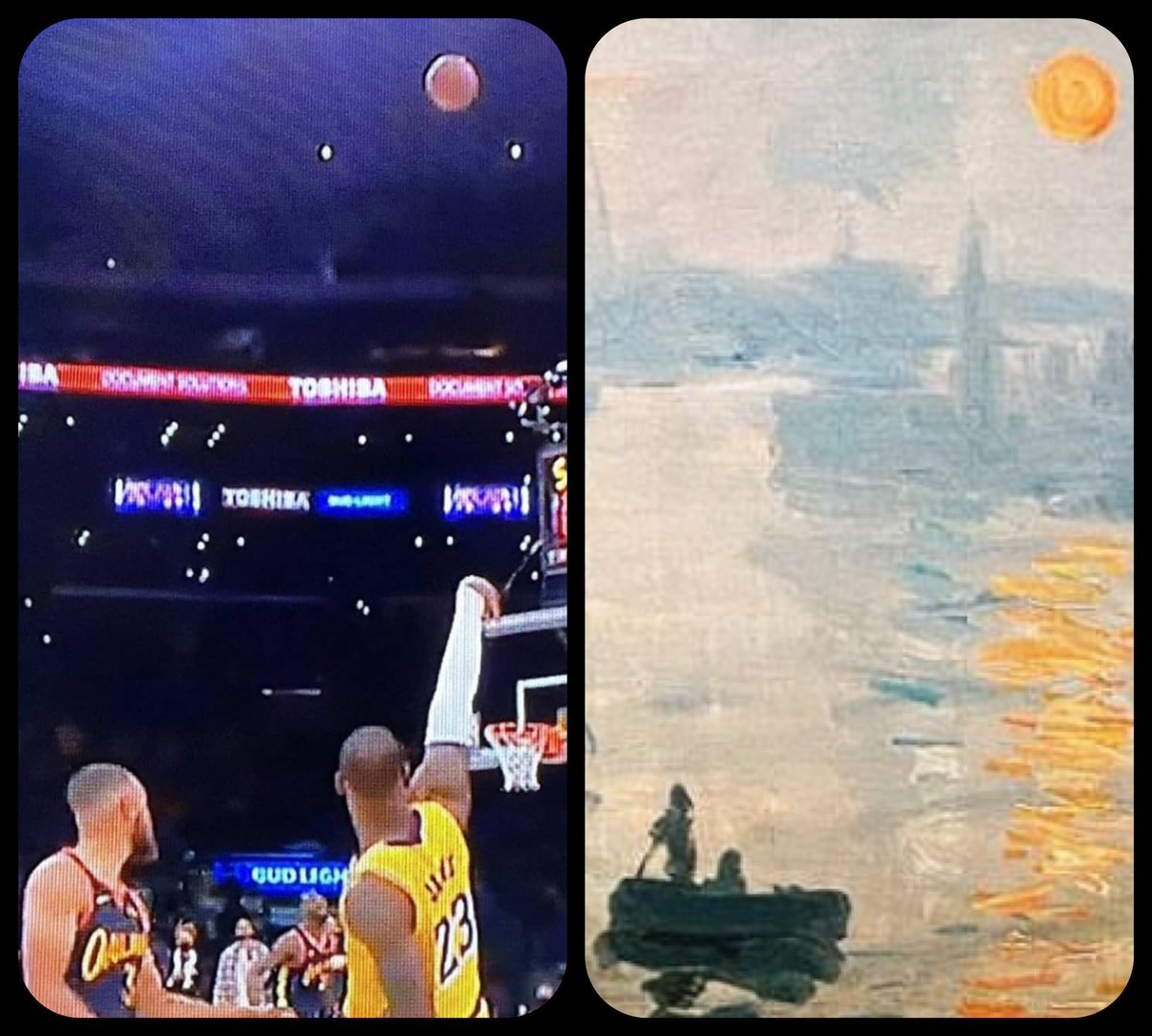 ArtButSports's tweet photo. LeBron’s 2021 play-in 3 over Steph as Impression, Sunrise, by Claude Monet, 1872 https://t.co/CCHXsAssOY