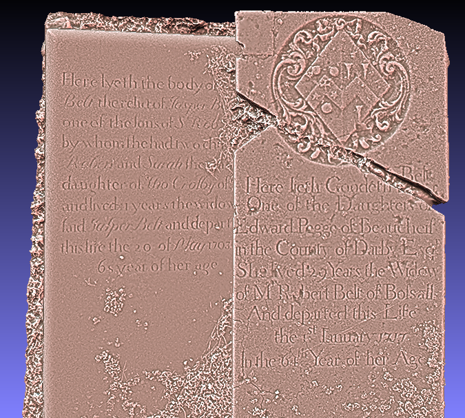 KJNiven's tweet photo. Another great example of what can be done with simple 3D capture and the resulting geometry. Two 18thC flat stones from Bossall churchyard below, both very hard to read in the field. Right image is the textured mesh, left is using Meshlab's Radiance Scaling shader. https://t.co/zM8h9KgdQS