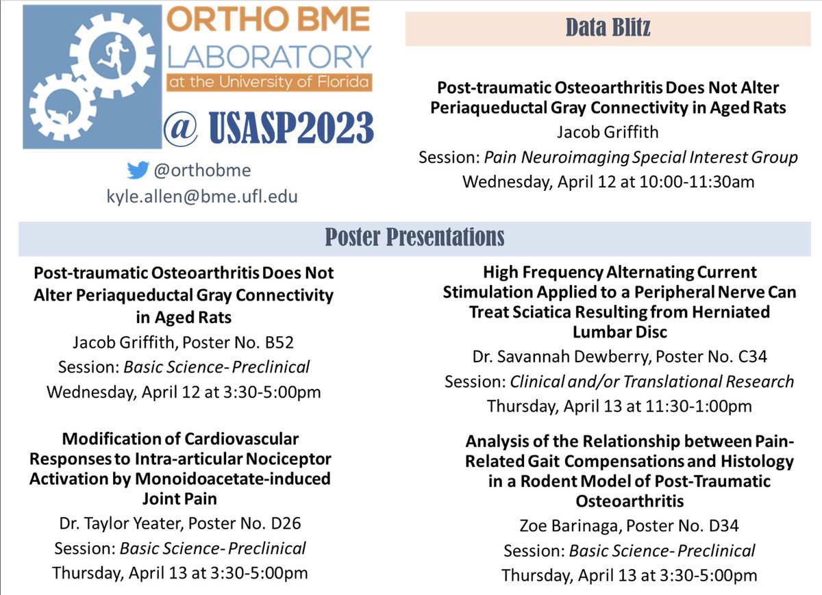 We're excited to spend the week in Durham at USASP! Be sure to check out OrthoBME labs work this week! <a href="/OrthoBME/">Kyle Allen</a>