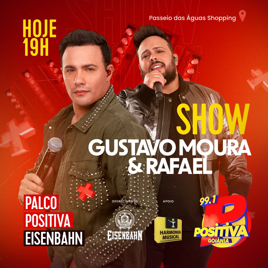 PositivaFM's tweet photo. É HOJE! O Palco Positiva @eisenbahn recebe os brabos @gustavomouraerafael, a partir das 19h, na nova casa da Música Sertaneja, no @passeiodasaguas. 🔥

Sintonize na 99.1 FM ou assista o show ao vivo pelo nosso canal do YouTube! 🎶🎸🎤 https://t.co/cF7Lt7VKpW