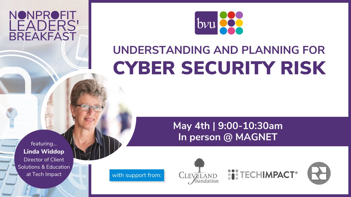 BVUVolunteers's tweet photo. Does the idea of planning for cyber security risk give you a headache? Let us help you protect your organization with confidence at the Nonprofit Leader's Breakfast.

Register: https://t.co/dMrTYuqUxg

#NonprofitLeadership #NonprofitTech @CleveFoundation @Tech_Impact https://t.co/5mITfVo8kA