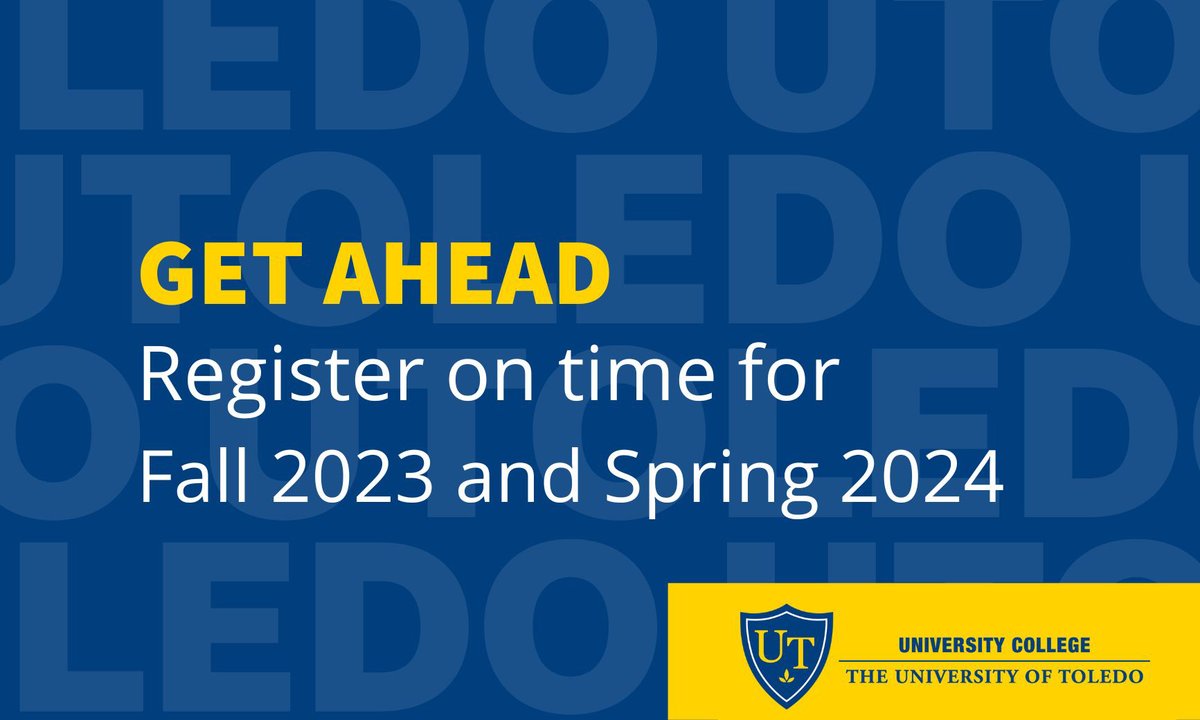 FRESHMEN AND OPEN REGISTRATION for Fall 2023/Spring 2024 starts TODAY!

Call 419.530.3142 to set up an appointment with your advisor to register for classes. Have your Rocket ID ready!

Visit utoledo.edu/getahead to review the schedule and search for classes.