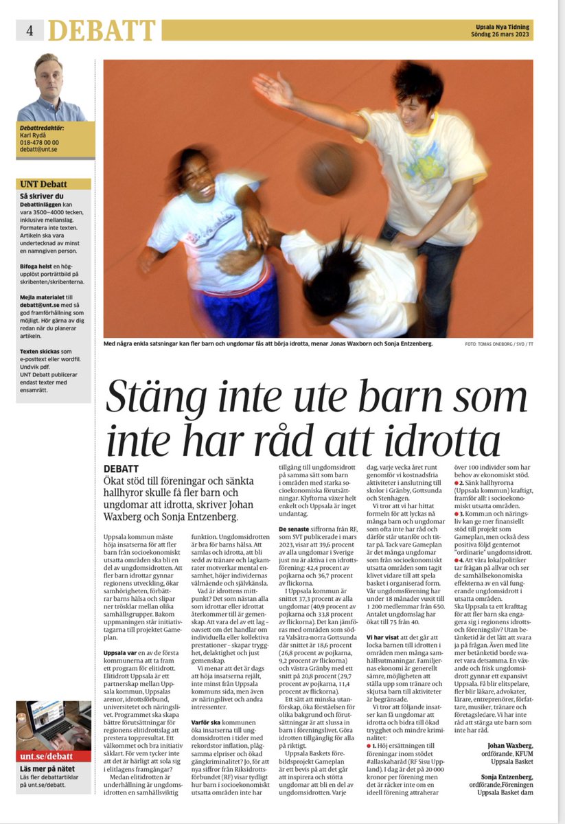 Häromveckan skrev vi i Uppsala Basket en debattartikel i UNT, med andemeningen att Uppsala kommun måste höja insatserna för att fler barn från socioekonomiskt utsatta områden ska bli en del av ungdomsidrotten.

👉 Dela gärna!