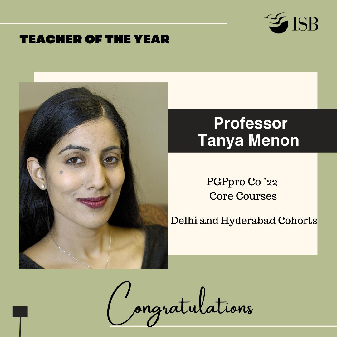 ISBedu's tweet image. Congratulations to Professor Tanya Menon on being selected as 'Teacher of the Year' for Core Courses by the Post Graduate Programme in Management for Working Professionals (PGPpro) Class of 2022, Delhi and Hyderabad Cohorts.

#ISBGradDay #ISB #ISBPGPpro