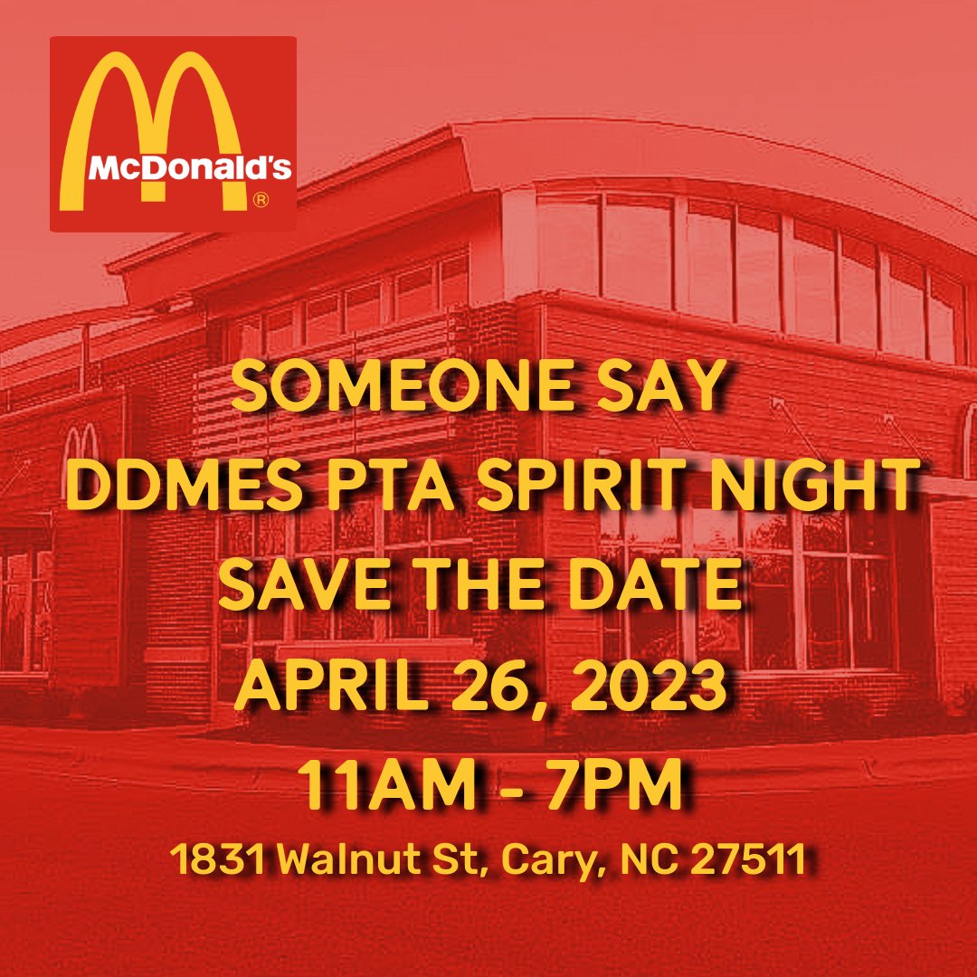 ddmespta's tweet photo. @dillardMagnetES #savethedate #april26 #DDMES #SpiritNight @McDonalds #supportPTA #supportschools #fundraiser #school #DDMESPTA https://t.co/NcBNaAOdeO