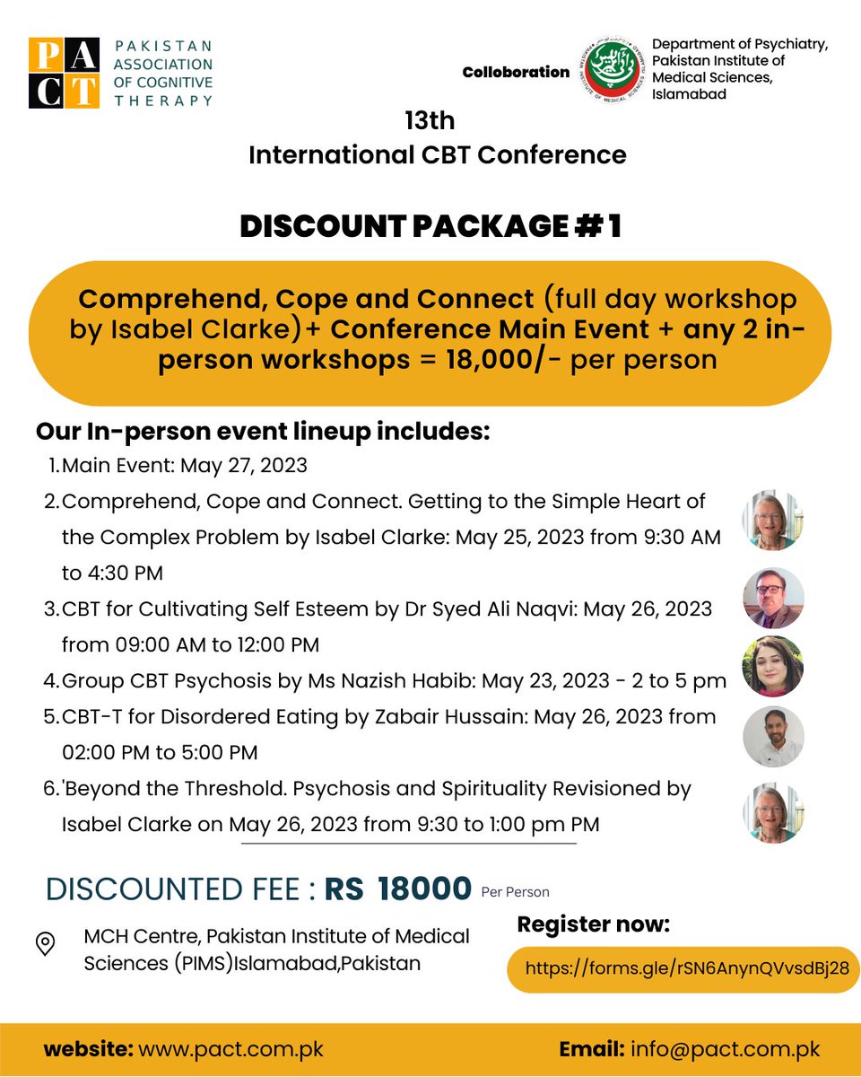 pactpakistan's tweet photo. 🌟 Elevate your learning with our exclusive #discountpackages for the 13th PACT International CBT Conference! 🌟 Featuring the conference's main event, and in-person and online workshops at discounted rates. 

Register now: https://t.co/8iPvLNgA7U 
#CBTConference #PACT #cbt https://t.co/177efAHm9u