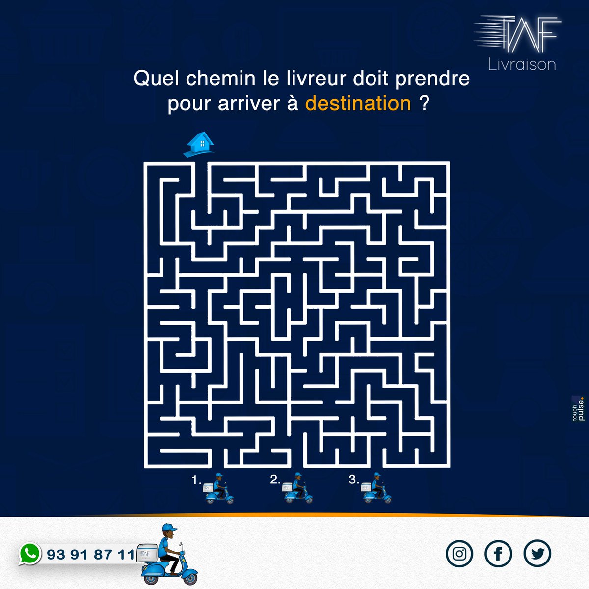 #AmusementTime 🎲

C'est bientôt la rupture, occupez-vous un peu pour accélérer l'heure 😅. Alors dites-nous quel chemin 🛣️ le livreur doit prendre ?  

Contactez-nous en un seul clic wa.link/ctv7nn ou appelez le 80071725.

#livraisonrapide