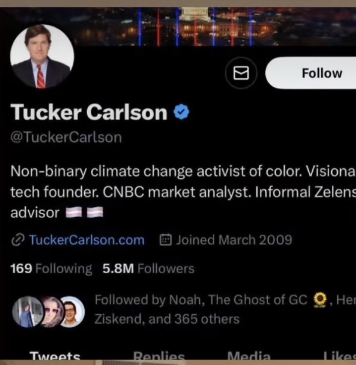 fulgeee's tweet photo. anonymous hacked tucker carlson’s twitter and his bios….. lmfao https://t.co/hvOyMYJdOY
