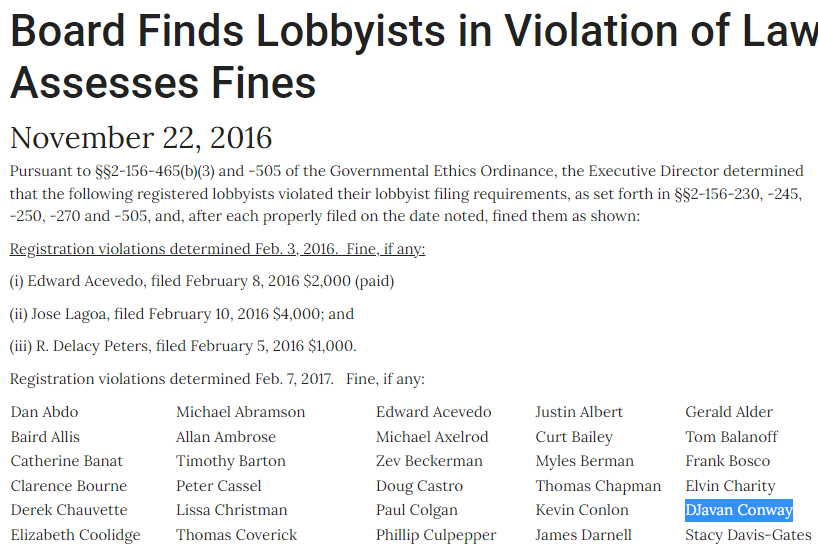 D'Javan Conway, of Conway Consulting Group, is a lobbyist for <a href="/CTULocal1/">Chicago Teachers Union</a>. Paid $84,000 last year.

Also had a filing requirements violation with the city a few years back.