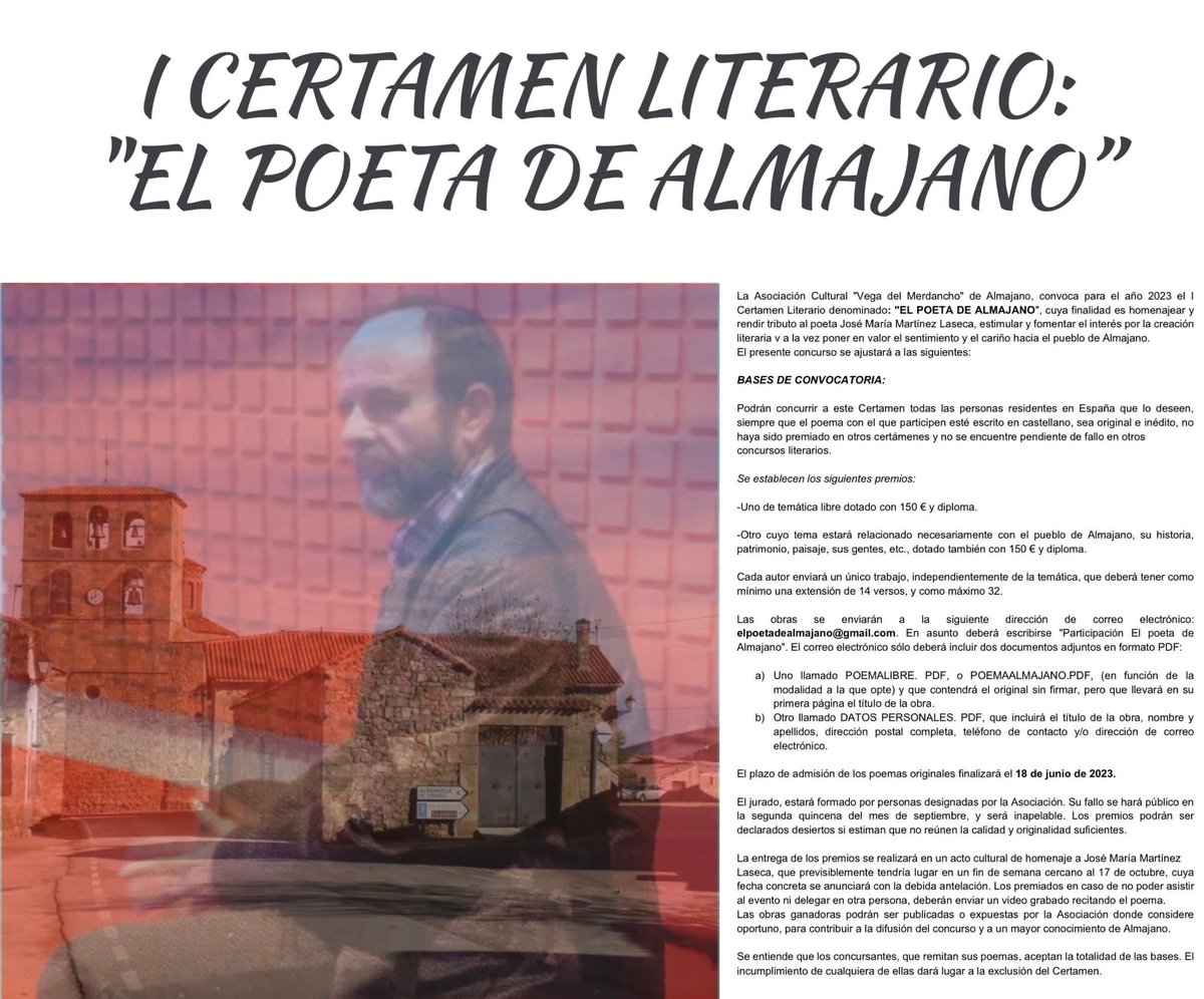 lc_pastor's tweet image. La Asociación Cultural ‘Vega del Merdancho’ convoca el I Certamen Literario: ‘El poeta de Almajano’. El plazo de admisión de poemas originales finaliza el 18 de junio de 2023. #JMML