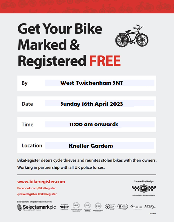 🚲FREE BIKE MARKING🚲
SUNDAY 16thAPRIL 2023
11AM Onwards
KNELLER GARDENS, TWICKENHAM
Bring your bike along to our free bike marking event. Come and say hello if you see us, we look forward to seeing you there.
@bikeregister
#bikemarking #LockItMarkIt #CommunityEngagement