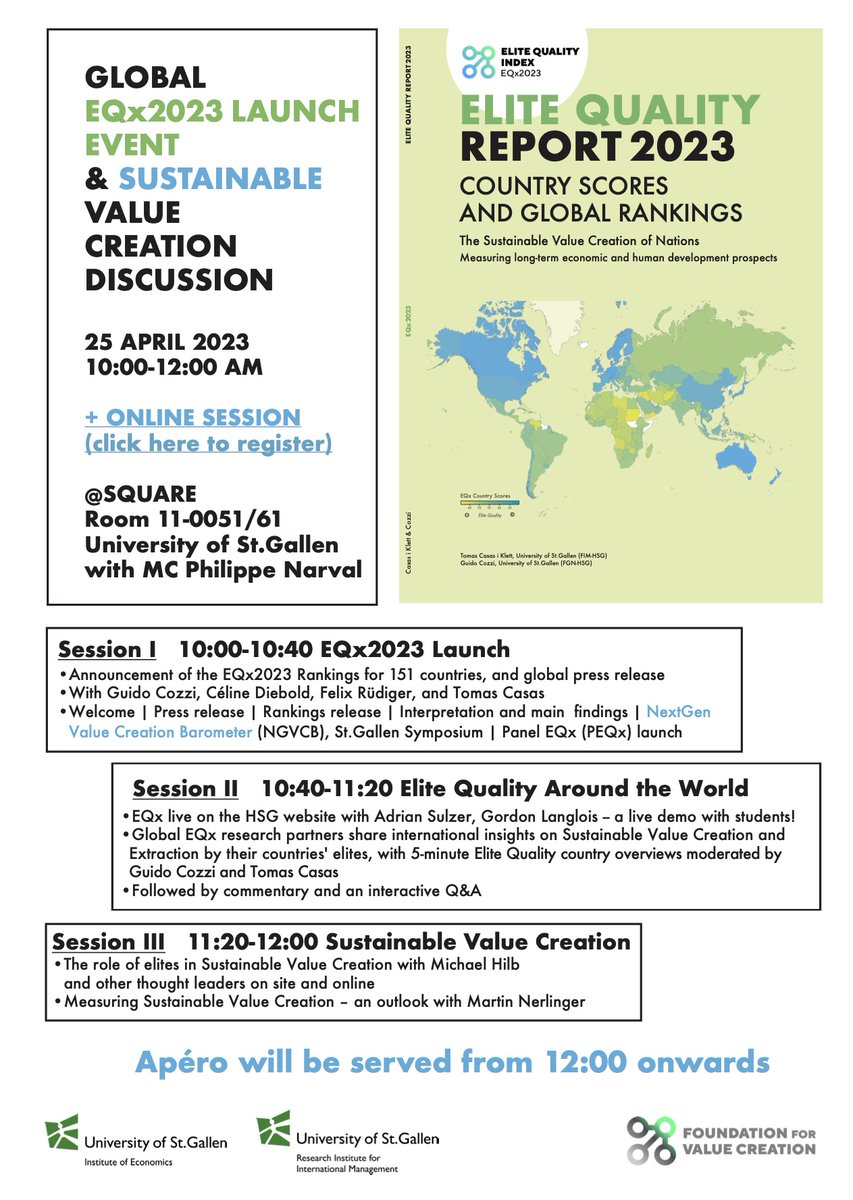 It is a pleasure to inform you of the launch of the #EQx2023 annual Elite Quality report that will take place in St.Gallen on April 25th from 10-12

This event will be held both in person or online - for the webinar please register with this link: lnkd.in/epNJyy86