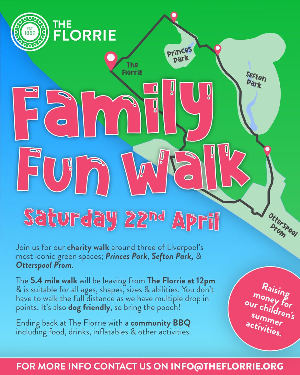 On the 22nd April The Florrie is hosting a charity walk around three of Liverpool’s most iconic green spaces; Princes Park, Sefton Park, &amp; Otterspool Prom🚶❤

Find out more at: theflorrie.org/2023/04/06/fam… 🔗