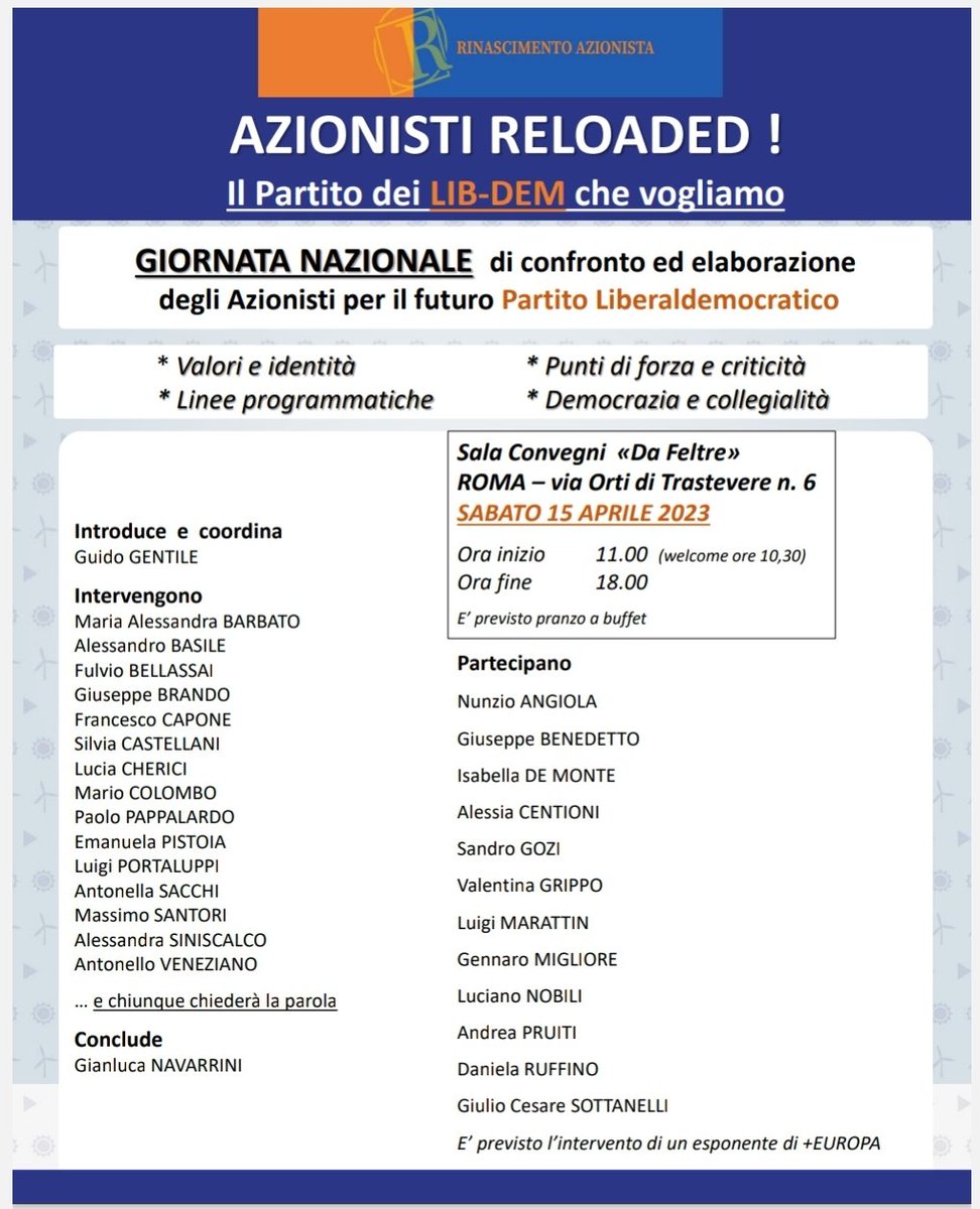 Un evento da non perdere! 
<a href="/Azione_it/">Azione</a> <a href="/ItaliaViva/">Italia Viva</a> <a href="/Piu_Europa/">Più Europa</a> <a href="/fleinaudi/">Fondazione Luigi Einaudi</a> <a href="/marattin/">Luigi Marattin</a> <a href="/IsabellaDeMonte/">Isabella De Monte</a> <a href="/NunzioAngiola/">Nunzio Angiola, Consigliere comunale #Foggia</a> <a href="/avvbenedetto/">Giuseppe Benedetto</a> <a href="/riccardomagi/">Riccardo Magi</a> <a href="/ValentinaGrippo/">Valentina Grippo</a> <a href="/alecentioni13/">Alessia Centioni</a> <a href="/lucianonobili/">Luciano Nobili</a> <a href="/gennaromigliore/">Gennaro Migliore</a> <a href="/DanielaRuffino2/">Daniela Ruffino</a> <a href="/GSottanelli/">Giulio Sottanelli</a>