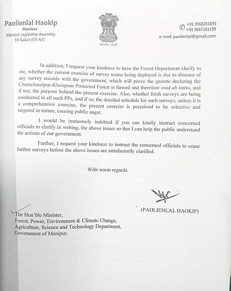 Paolienlal Haokip wrote to Forest Minister, Manipur regarding Khuopum Protected Forest. He urged the minister to come up with responds to his queries otherwise halt the current survey exercise. 

#tribalrights
