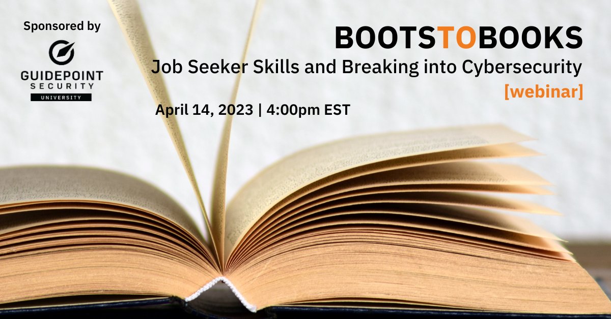 ksullivan31's tweet photo. #Cybersecurity job seekers. Hop on a live talk, 4/14 at 4pm EST to learn about building a compelling resume, acing job interviews + landing a position in IT security. Brought to you by @GuidePointSec + @Boots to Books. https://t.co/nACqoR0S7B #cybersecurityjobs #cybertraining https://t.co/28CWFvdtbv