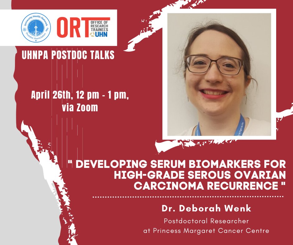 UHNPostdocs's tweet photo. 🔊In this April UHNPA Postdoc Talks, we will have Dr. Deborah Wenk @dwenk5 at Princess Margaret to tell us her exciting research about developing serum biomarkers for ovarian cancer. This session will be on Zoom, April 26 at 12 pm. All welcome!
Register👇 
https://t.co/dCtoGRZBlc https://t.co/TvElTi150v