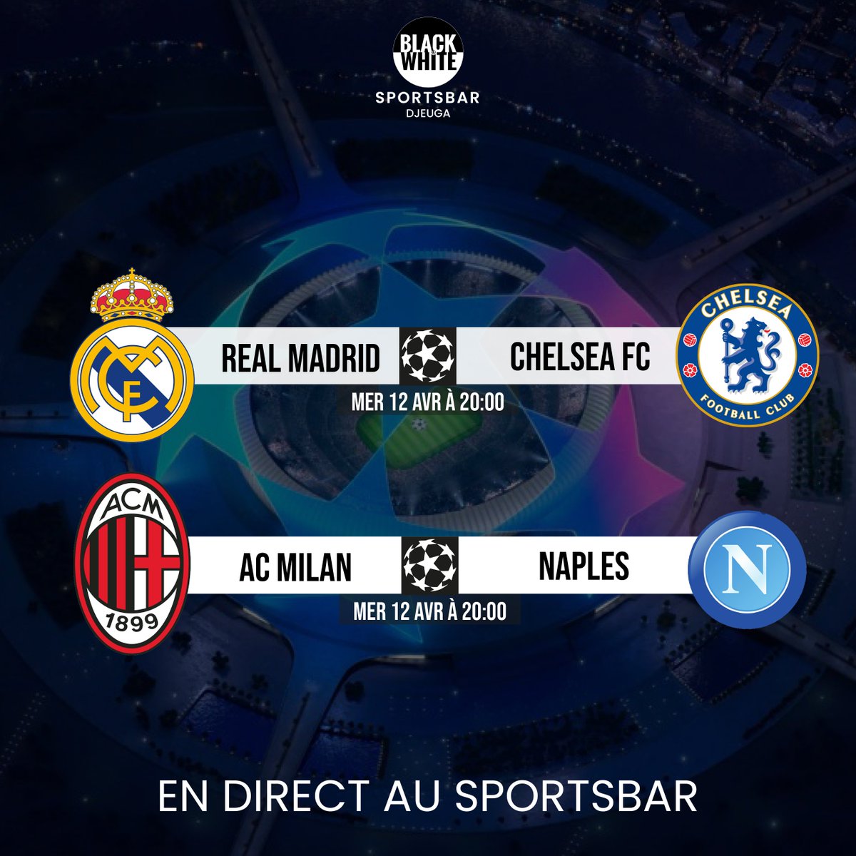 BnWDjeuga's tweet photo. 𝗦𝗢𝗜𝗥𝗘𝗘 𝗖𝗛𝗔𝗠𝗣𝗜𝗢𝗡𝗦 𝗟𝗘𝗔𝗚𝗨𝗘 🏟✨

Bon, on ne veut pas vous dire quoi faire, mais si vous ne passez pas chez nous ce soir à 20:00 pour regarder :

Real Madrid 🆚 Chelsea #RMACHE
AC Milan 🆚 Naples #MILNAP

Vous allez manquer quelque chose de très spécial😜🍻 ! https://t.co/01xbcF6TgY