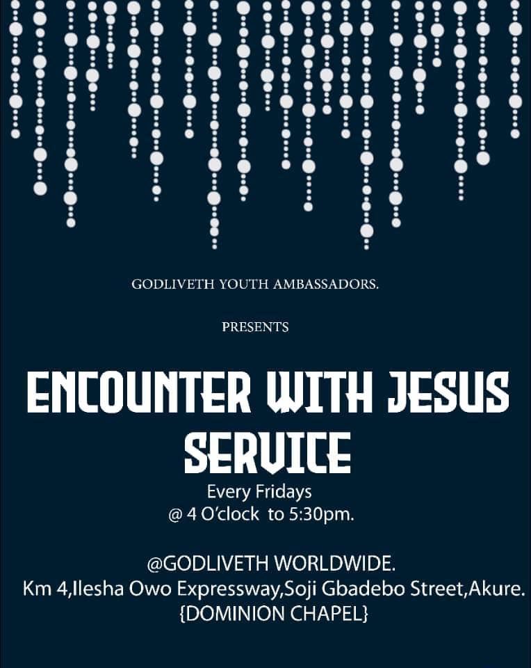 My_GodLiveth's tweet photo. Dominion Youth Evening service!!!
Encounter with Jesus
Every Friday, 4-5:30pm Jesus time
Godliveth WorldwideMinistry
Don’t miss the first Edition of youth service this week Friday 14th April, 2023.
#DominionYouth
#youthservice
#encounterwithjesus
#MyGodliveth https://t.co/6X4gUJtZyY