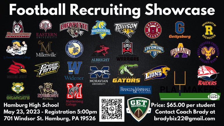 Hamburg Area HS, PA, May 23 - Recruiting Showcase- 30 confirmed college attending and growing. Testing, Position Drills, 1 on 1's. 
@BadgleyBruce
@1of1LifeSkills
@Coach_Brady @GoMVB @PIAASports  @Aaron_Menapace  @HSFBamerica  @PAHSFB