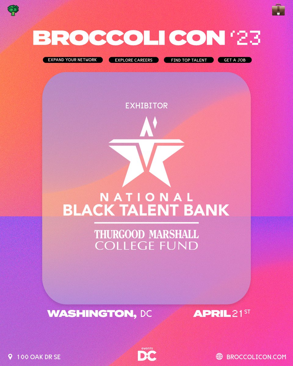 NBTB_TMCF's tweet image. Join the National Black Talent Bank on Friday, April 21st in Washington, D.C. for @BroccoliCity's #BroccoliCon, a free career expo for minority young professionals and individuals seeking job opportunities. Stop by the NBTB booth &amp;amp; join our session! Visit broccolicon.com.