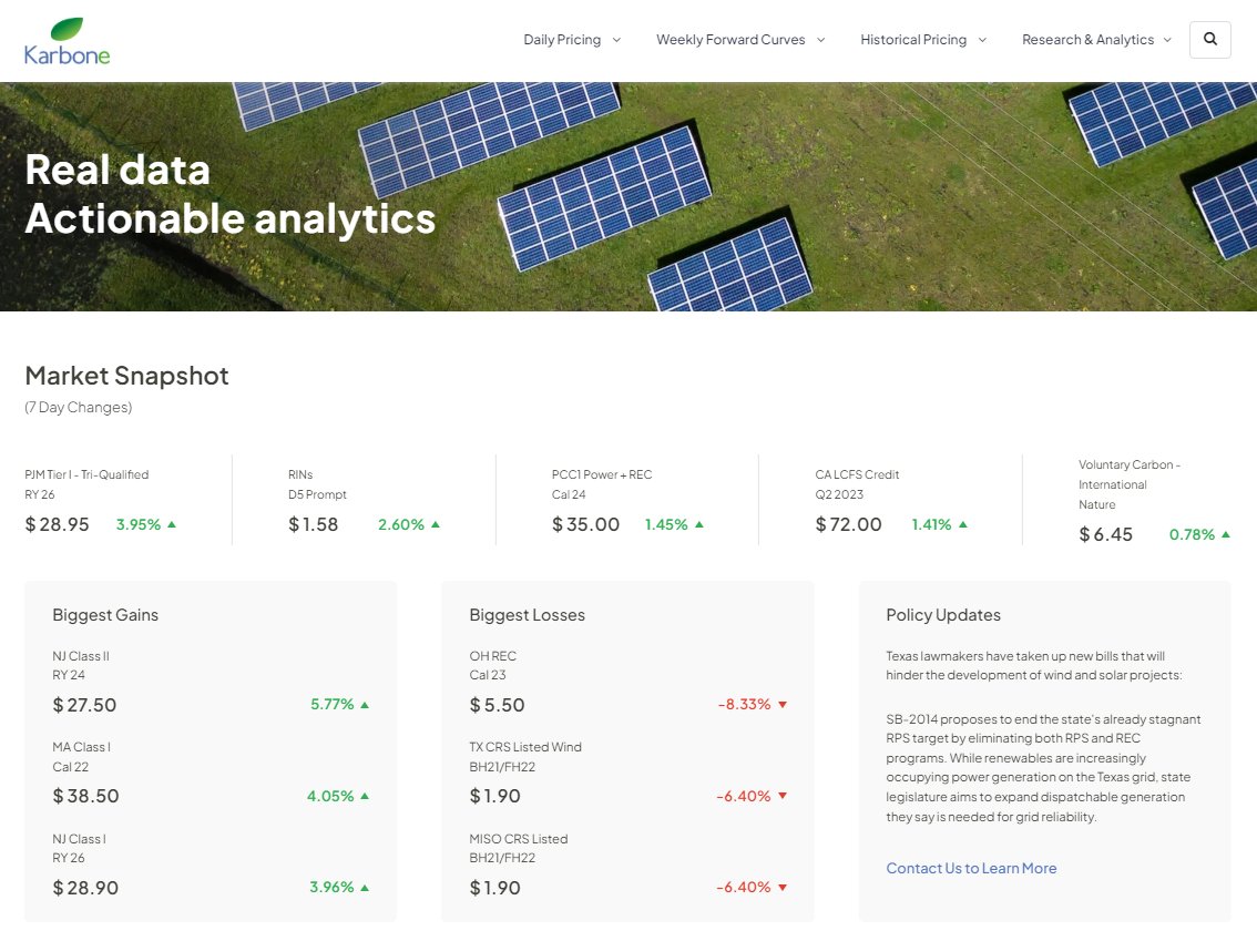 The Karbone Data Hub's new landing page monitors 7-day % Changes in major #EnvironmentalCommodity markets, alongside Top 3 Biggest Gains and Losses in pricing each week and breaking #PolicyUpdates.  

Register on karbone-hub.com or contact our Research team to learn more!