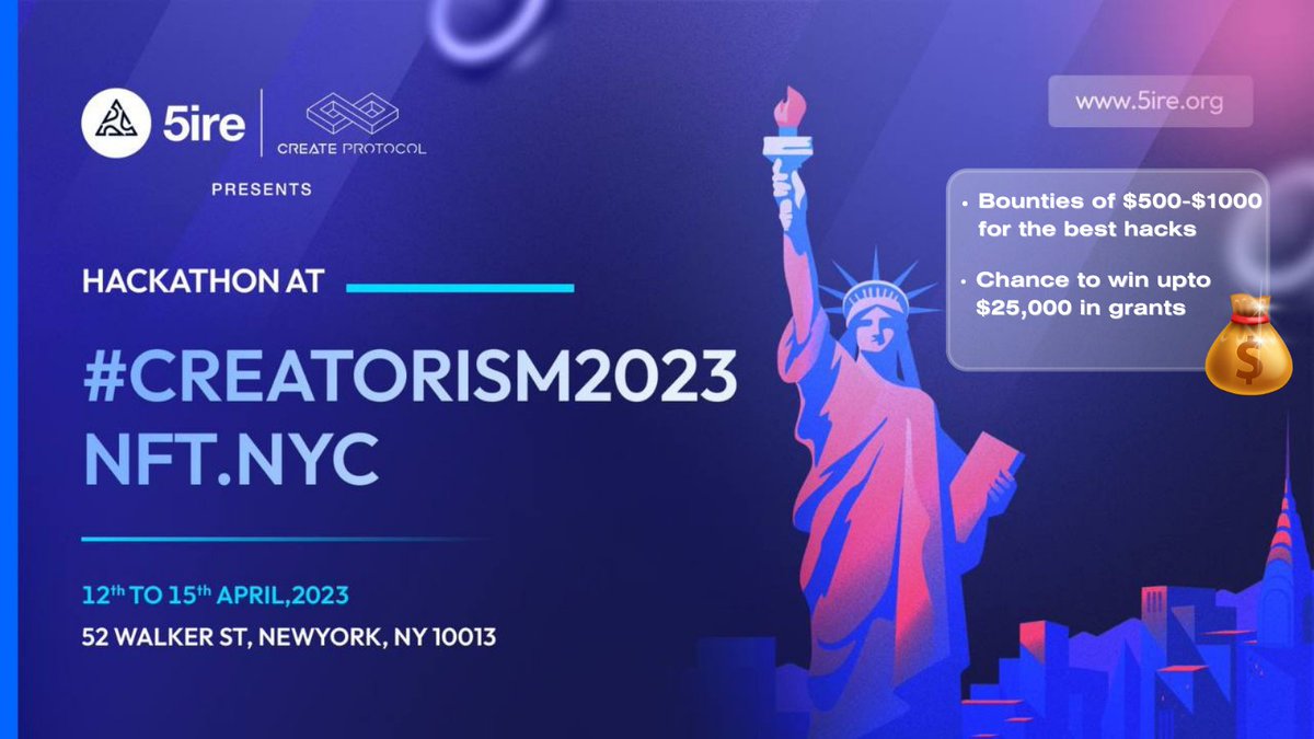 crypticRizu's tweet image. Another great opportunity to earn rewards at #CREATORISM2023 at @NFT_NYC 🔥

@CreateProtocol and @5ireChain Hackathon

🗓️12th April - 14th April 
💰$500-$1000 for best hacks
💎$25,000 grants for potential winners

#Createprotocol #NFTNYC2023 #digitalcreators #web3