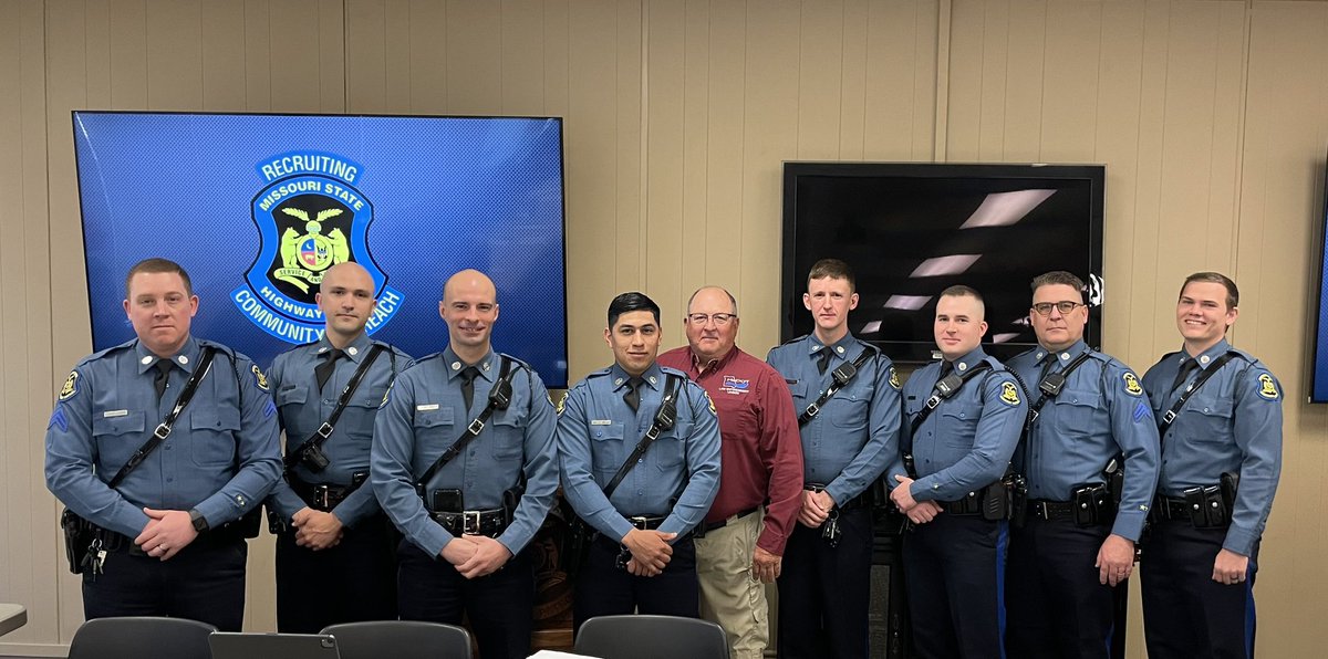 MSHPTrooperA's tweet photo. Today we pause to recognize the outstanding efforts of a handful of dedicated troopers, focused on removing drunk/impaired drivers from our highways! Their efforts were outstanding in 2022!

📸 Mike Davis, @MoDOT LEO liaison for traffic safety, presented #LETSAC recognition pins. https://t.co/GMssx2D7M6