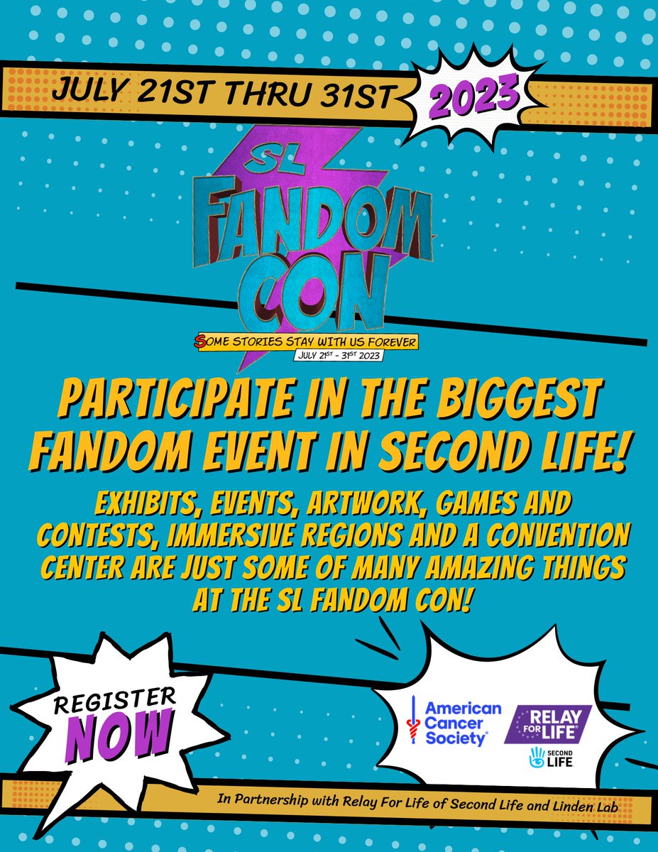 FANDOMS ASSEMBLE - REGISTRATION OPEN FOR SL FANDOM CON

Registration is now open for the newest Relay For Life of Second Life MEGA event, SL Fandom Con, to be held from July 21st thru July 31st, 2023.

Visit our website, sl-fandom-con.org for information on how to register.