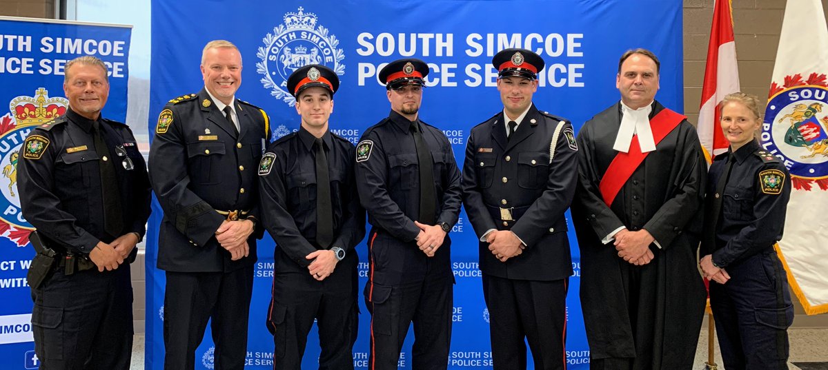 SouthSimcoePS's tweet photo. Please join us in congratulating experienced Constables Chris Toth and Aaron McQuillen, and recruit Constable Trevor Pirri who were sworn in yesterday by Justice Phillip Brissette. Welcome to the #SSPSFamily! #Congratulations #JoinSSPS https://t.co/EXD6jCfm6t