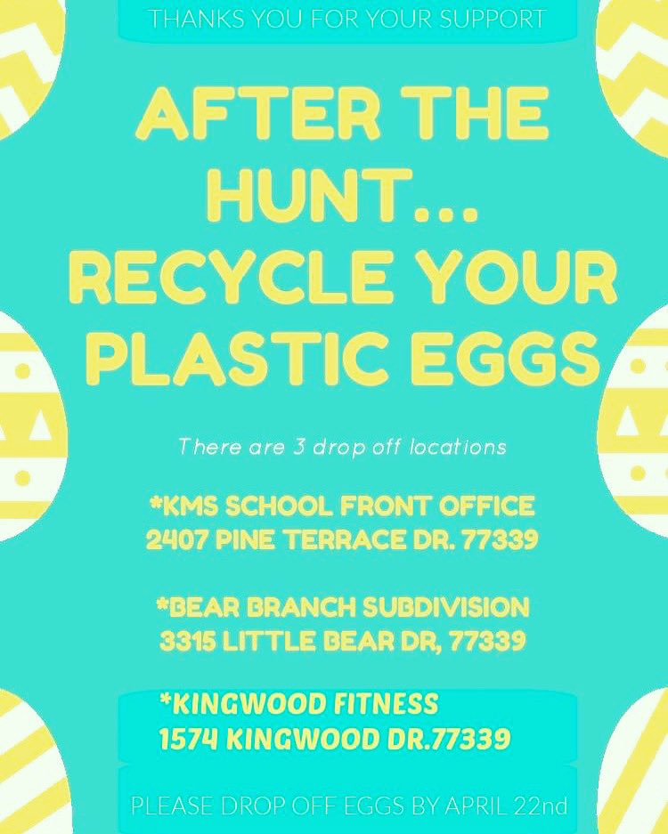 kms_club's tweet photo. Not know what to do with your leftover plastic eggs? #recycle! #kmscheer and #kmscharms have set up 3 locations 4egg drop off. One of them is Kingwood Fitness 1574 Kingwood Dr. Let's all do our part because we are #kingwoodstrong #KMSCougarsRecycle #kmscougarpride @HumbleISD_KMS https://t.co/QquZZQVluI