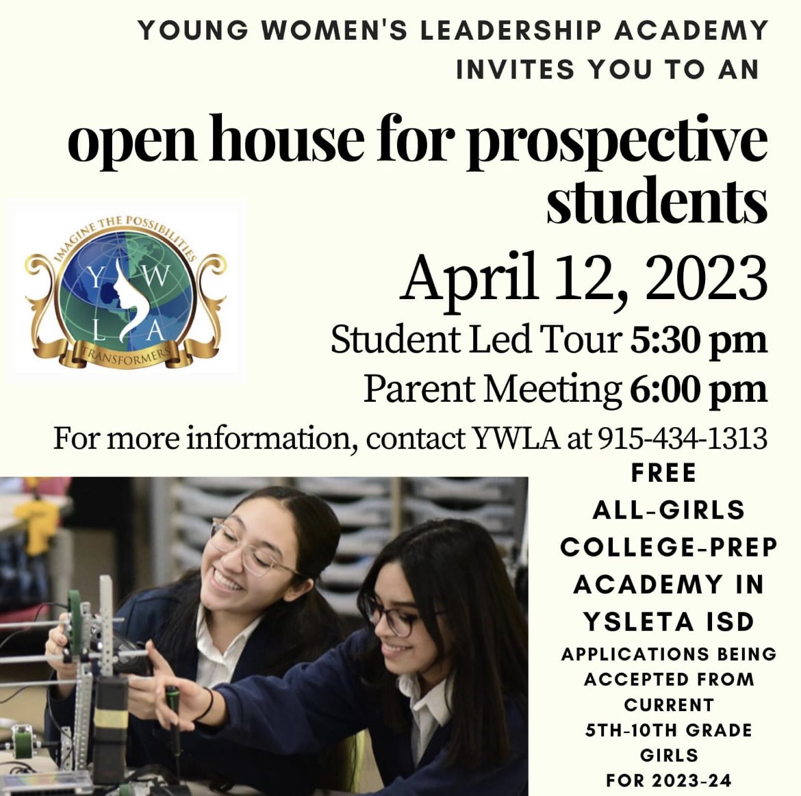 Yazmin Rivera (@yazmin_rivera3) on Twitter photo Do you know any 5th -10th grade girls in El Paso ready for an amazing educational experience? YWLA is a free all-girls college prep middle and high school!
Don’t miss out on the student led tours @ 5:30 & informative meeting at 6pm today! #ImagineThePossibilities <a href="/Ysleta_YWLA/">Ysleta YWLA</a> Do you know any 5th -10th grade girls in El Paso ready for an amazing educational experience? YWLA is a free all-girls college prep middle and high school!
Don’t miss out on the student led tours @ 5:30 & informative meeting at 6pm today! #ImagineThePossibilities <a href="/Ysleta_YWLA/">Ysleta YWLA</a>