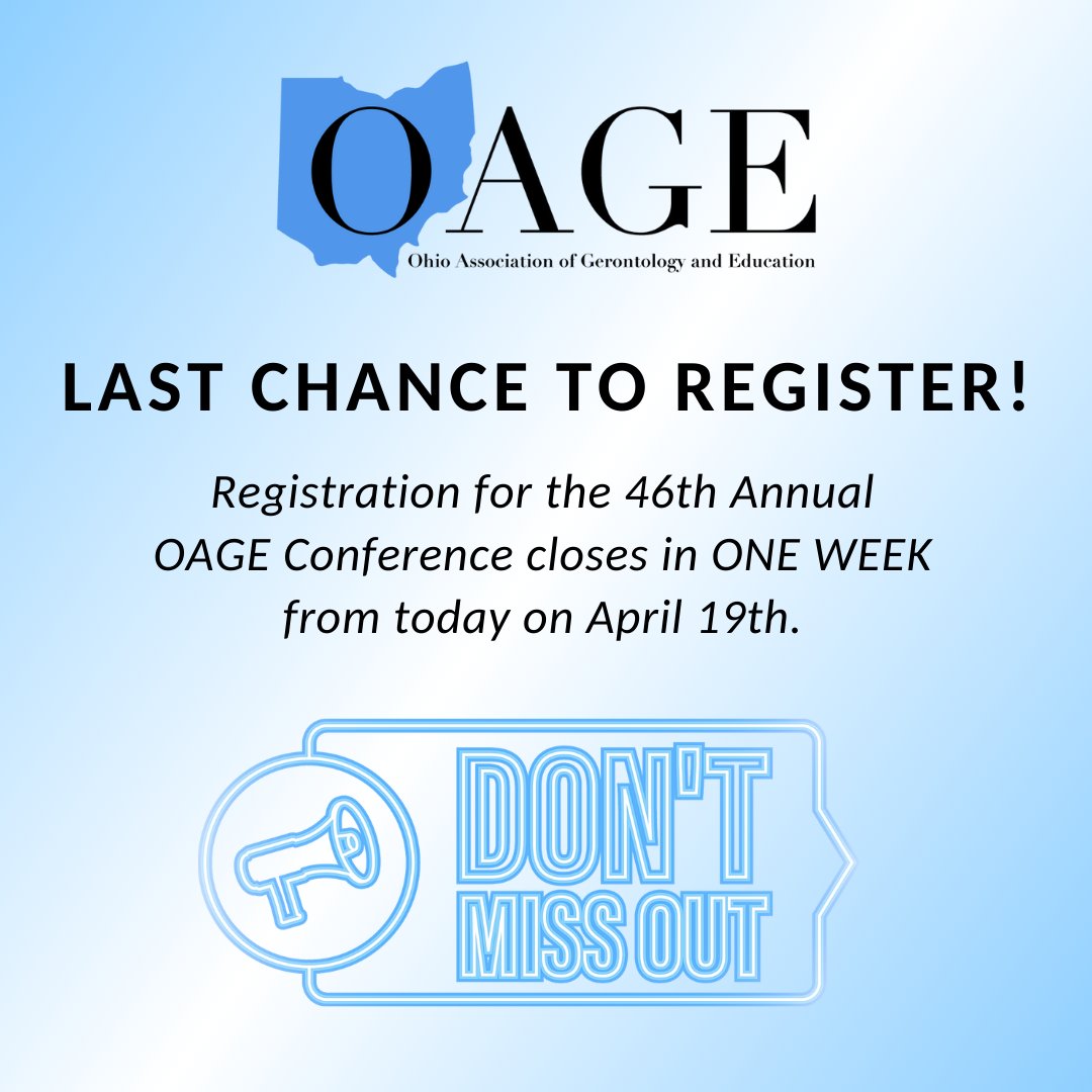 Don't miss out on this year's OAGE Conference! Make sure to register by April 19th to join hundreds of gerontology students and professionals from around the state to network and learn about the latest information in the field. Register on our website oage.org/conferences/co…