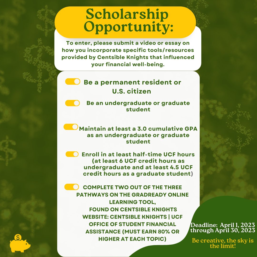 Are you a Centsible Knight? In honor of Financial Literacy Month Centsible Knights is providing up to 5 $2,500 scholarships to eligible UCF students. 
.
.
.
#ucf #ucfstudent #ucfspring #goknights