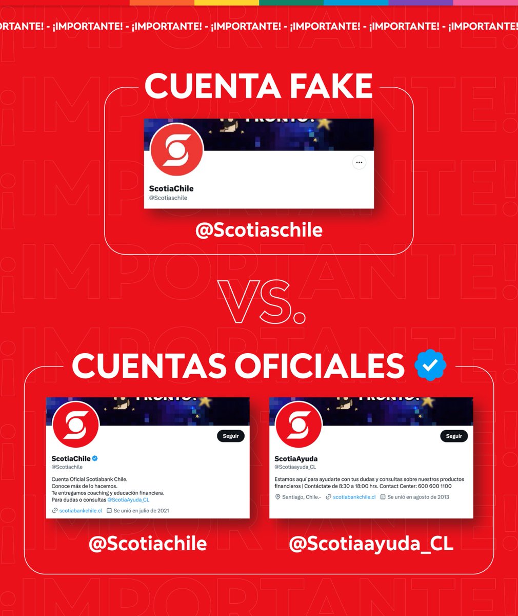 🚨No caigas en fraudes🚨Está circulando una nueva cuenta fake, por eso recuerda comunicarte solo por nuestras vías oficiales <a href="/Scotiachile/">ScotiaChile</a> y <a href="/Scotiaayuda_CL/">ScotiaAyuda</a>.  
✅ No entregues tu información personal ni bancaria a través de redes sociales.