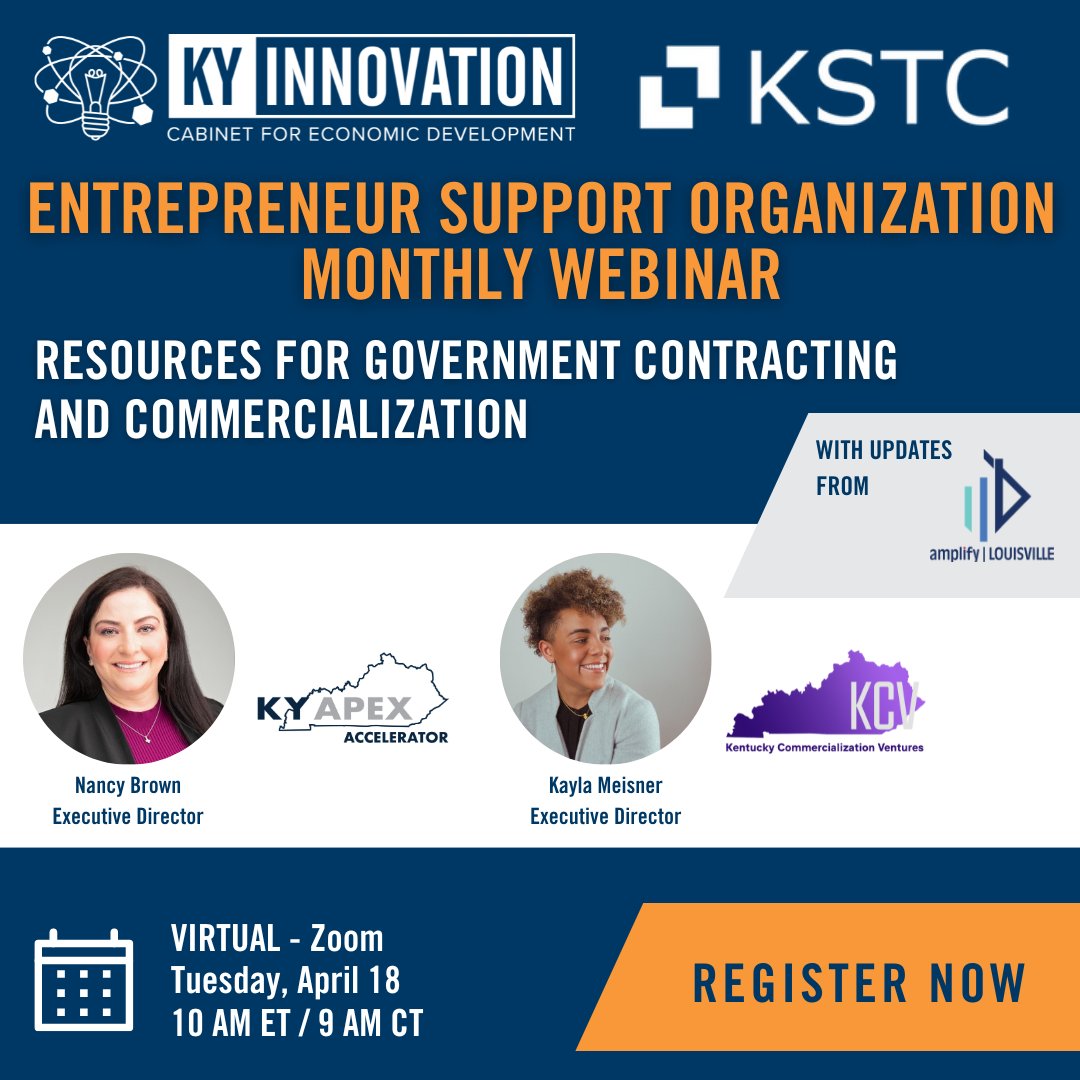 Next Tues., April 18 at 10 a.m. ET / 9 a.m. CT @kentuckyapex and @CommercializeKY will be joining @kyinnovation to talk about Kentucky's resources for entrepreneurs interested in government contracting and commercialization. Learn more and register: us02web.zoom.us/webinar/regist…