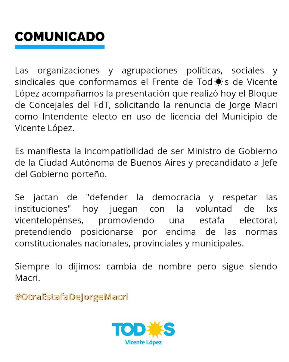adriansalles_84's tweet photo. Acompañamos a nuestro Bloque de Concejalxs en la solicitud de renuncia al Intendente Jorge Macri.
El respeto por las vecinas y vecinos de nuestra ciudad, por la democracia y las normas constitucionales están por encima de todo.
#OtraEstafaDeJorgeMacri https://t.co/9uWbfpaF5d