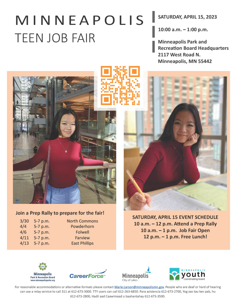 MplsParkBoard's tweet photo. The Minneapolis Teen Job Fair is this Saturday, April 15, 10 am-1 pm at Park Board Headquarters, 2117 West River Road!

Meet with 20+ local employers, enjoy free lunch and line up a fun, fulfilling job for summer. It's free! Details at the @MPLSYCB website https://t.co/wjCDCqyMdc https://t.co/9R06y5XnTj